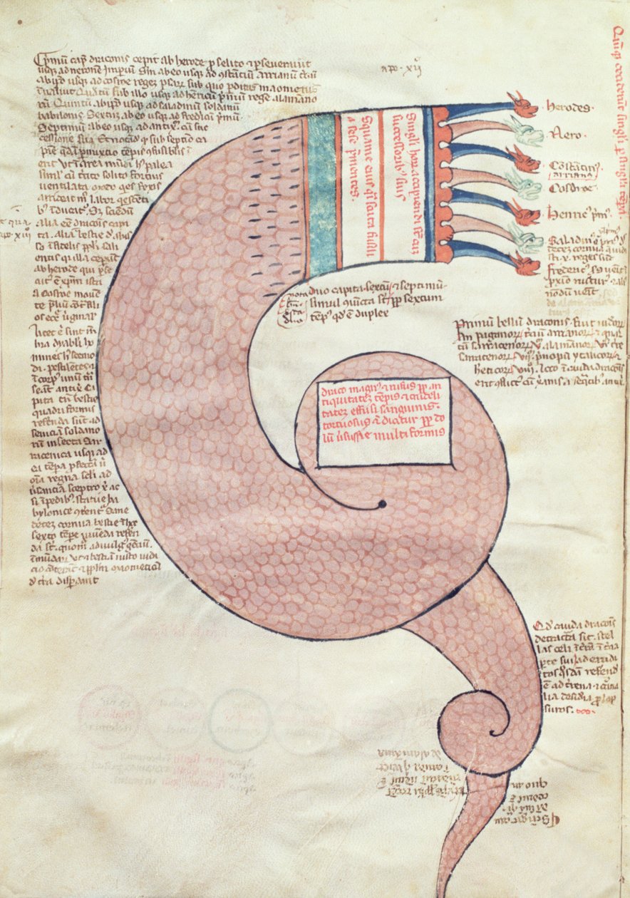 ms.ASPi, CM 15, c.3v Página de texto com um dragão apocalíptico, de Liber Figurarum e le Proemisssiones Gioachimitiche por Joachim de Flora (c.1132-1202) de Italian School