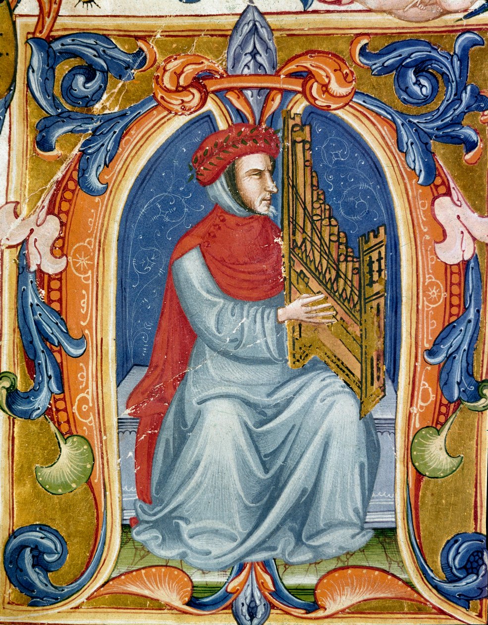 retrato de Francesco Landini ou Landino tocando órgão (1325 1397) compositor italiano, organista, cantor, poeta. Miniatura do Codex Squarcialupi do século XV. Firenze, Biblioteca Laurenziana, Sra. Med. Amigo. 87. de Italian School