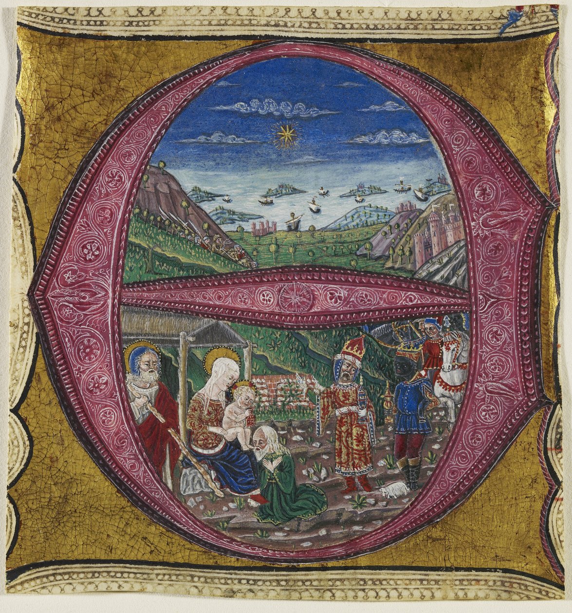 Adoração dos Magos (têmpera, tinta e folha de ouro em pergaminho) de Italian School Italian School