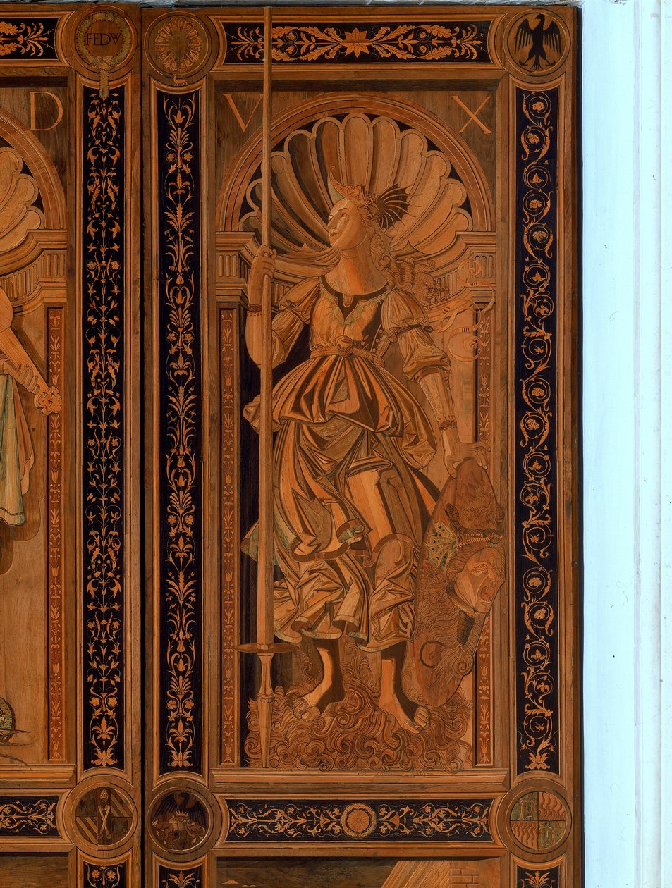 Detalhe de uma das portas na Sala degli Angelo, Palazzo Ducale, Urbino (madeira) de Italian School Italian School