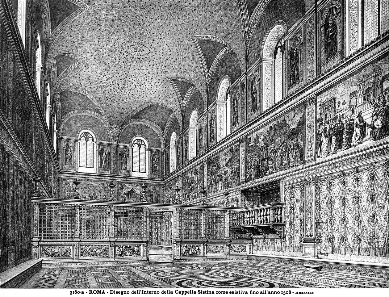 Desenho representando o interior da Capela Sistina antes da renovação em 1508 de Italian School Italian School