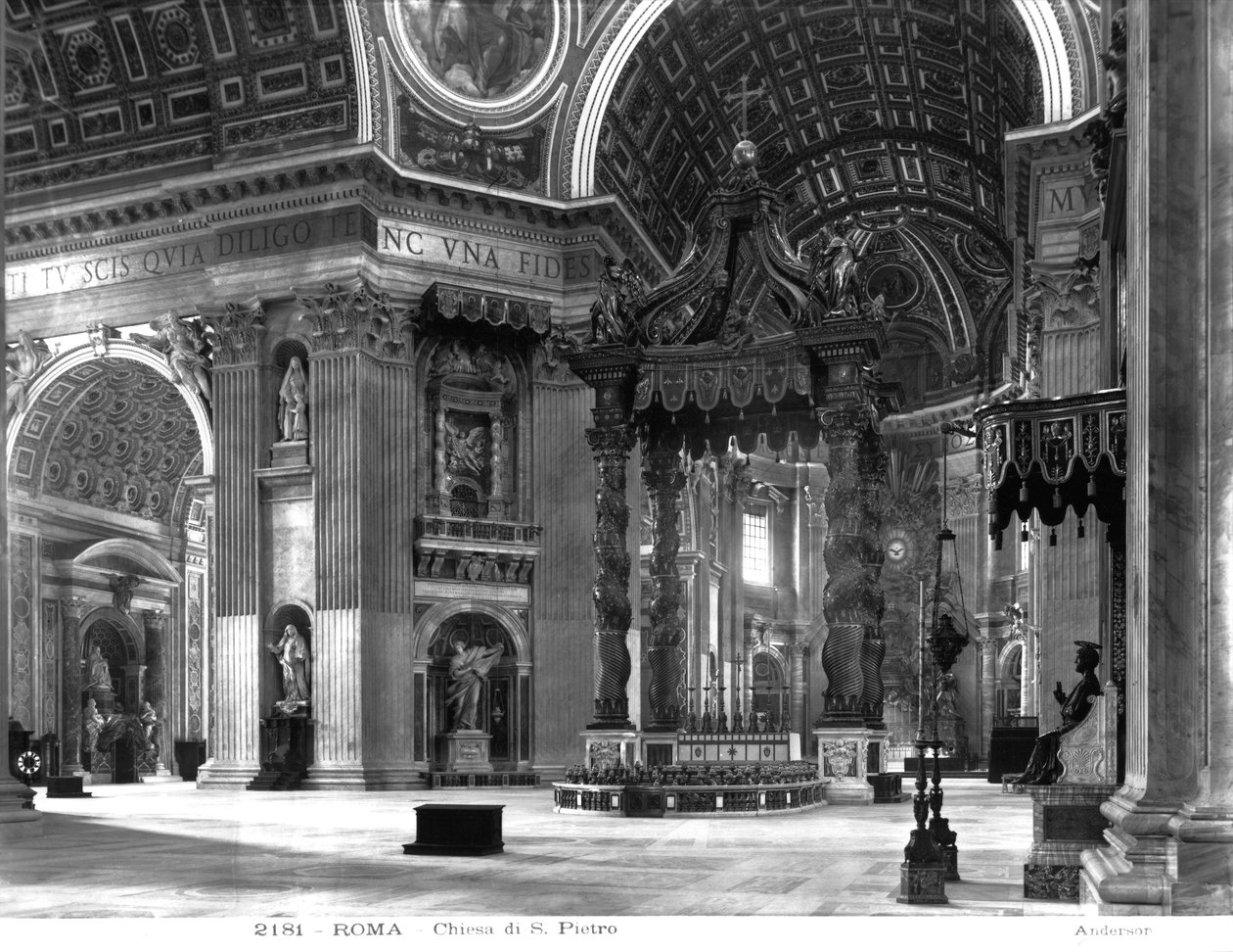 Vista interior do cruzamento da nave, com o baldacchino no centro de Italian School Italian School