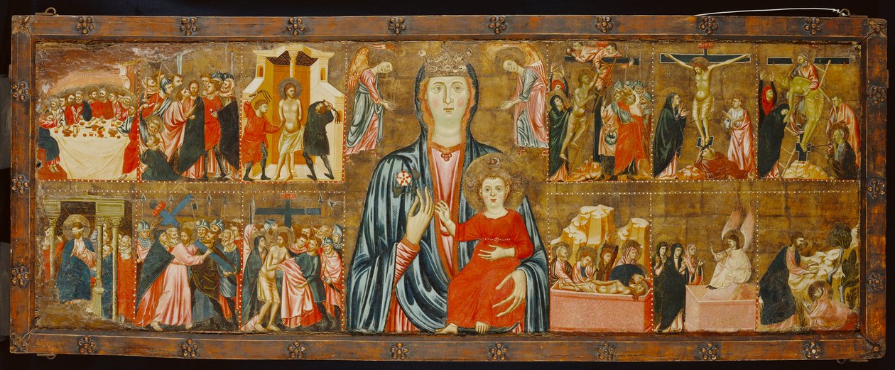 Madonna e criança e dois anjos com doze cenas da paixão, c.1310 (têmpera no painel) de Italian School Italian School