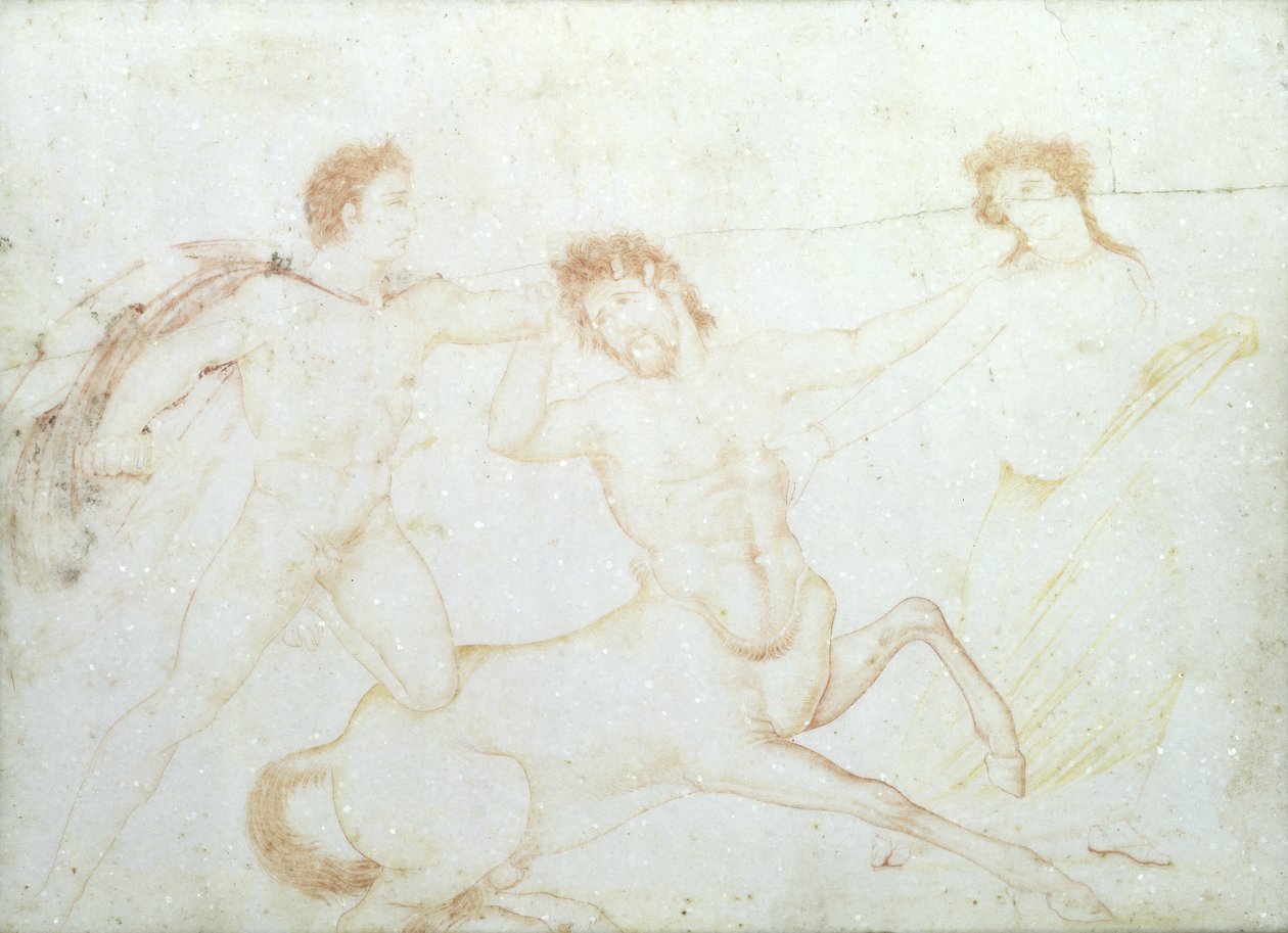 A morte de um centauro, possivelmente Eurytus e Pirithous, Herculaneum (pintura de encáustica em mármore) de Italian School Italian School