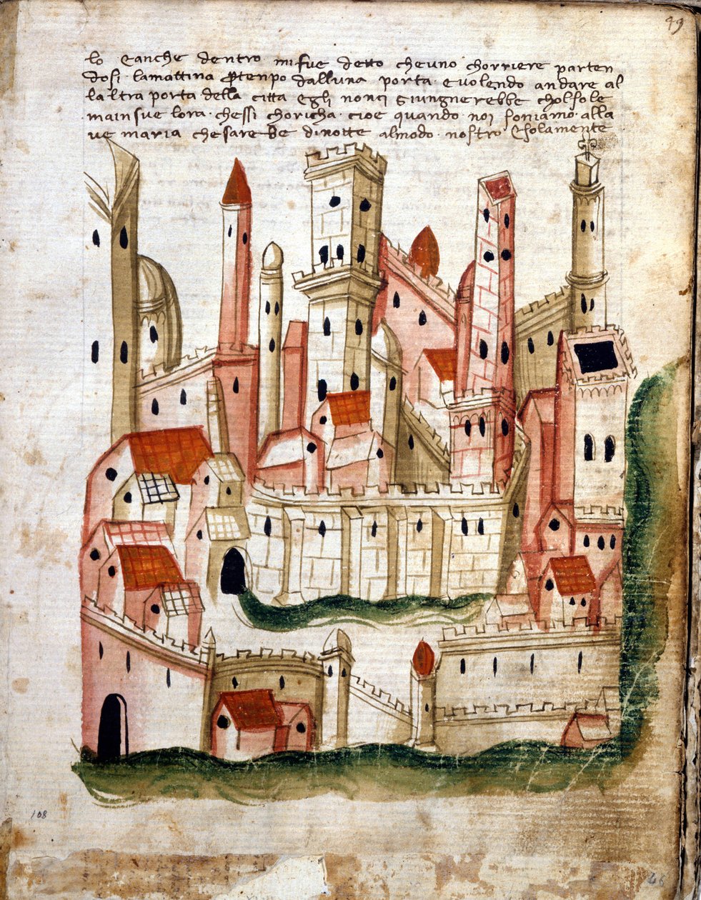 Vista da cidade de Jerusalém, de Libro dOltramare por Niccolo da Poggibonsi (caneta e tinta e têmpera sobre velino) de Italian School Italian School