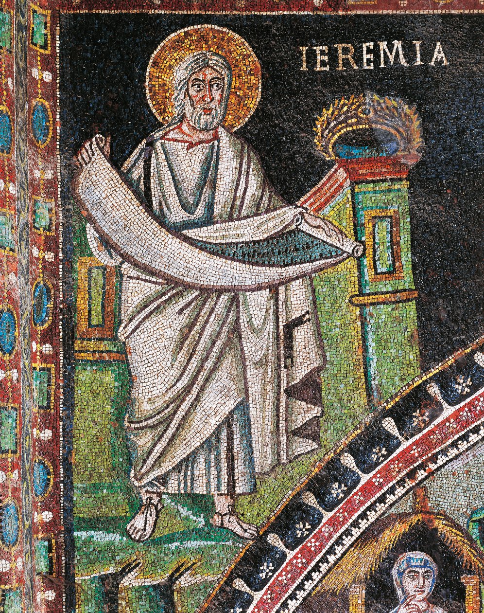 Profeta Jeremias, mosaico, esquerda de lunette, parede norte do presbitério, Basílica de San Vitale (Lista do Património Mundial da UNESCO de Italian School