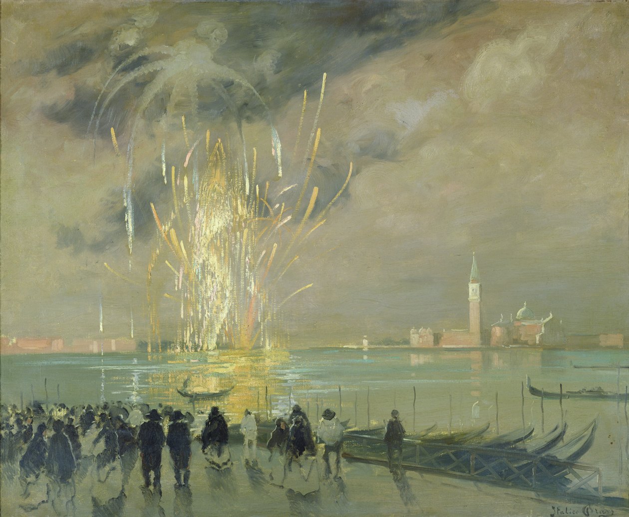 Fogos de artifício sobre a lagoa, c.1914 de Italico Brass