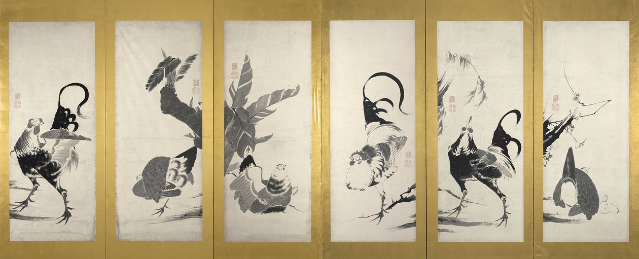 Um de um par de telas dobráveis (tinta no papel) (par para 3742188) de Ito Jakuchu