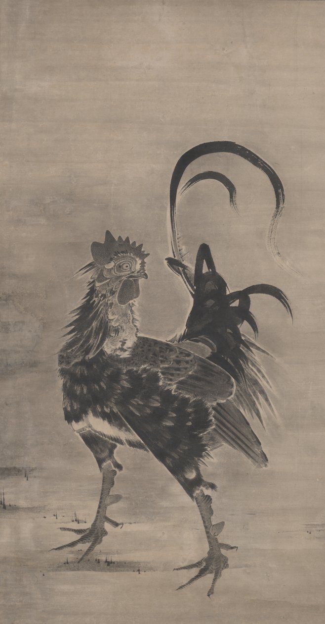 Galos, galinha e pintinhos, à esquerda de um casal, 1795 de Ito Jakuchu