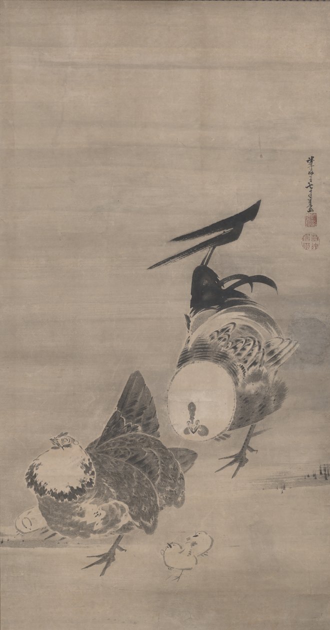 Galos, Galinha e Garotas, à direita de um par, 1795 de Ito Jakuchu