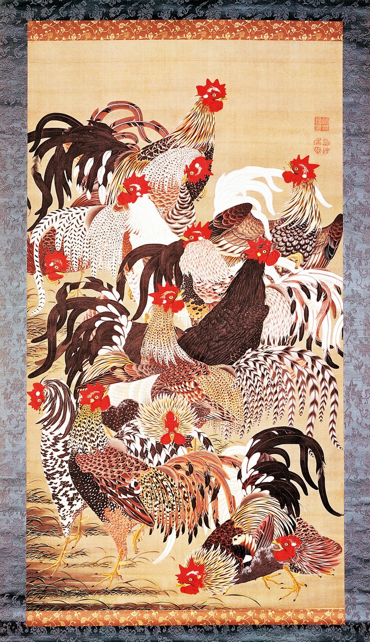 Treze galos, de Doshoku Sai-e (Reino colorido dos seres vivos) Período Edo. c.1757-66 (cor sobre seda) de Ito Jakuchu
