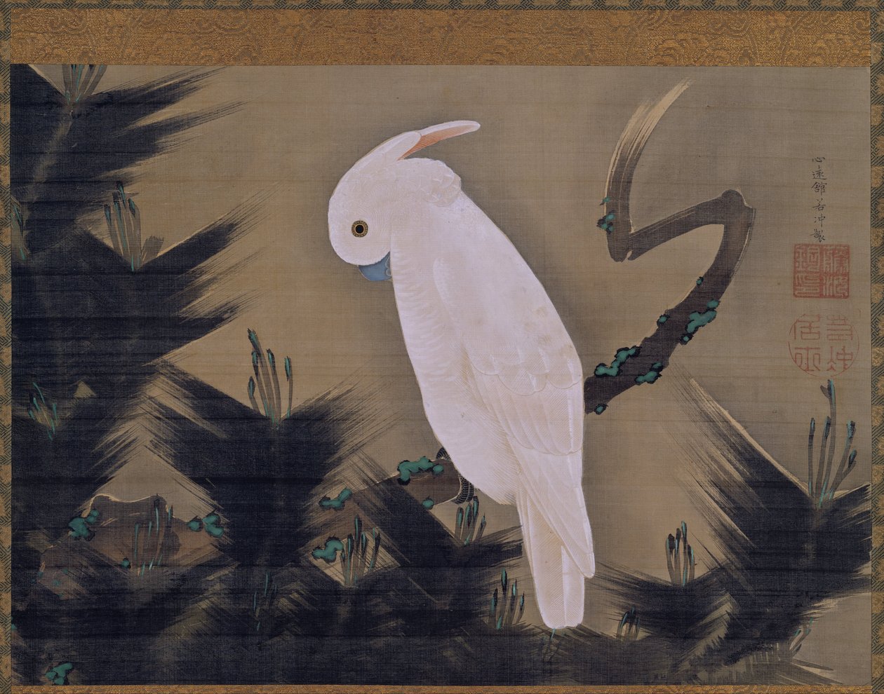 Cacatua branca em um galho de pinheiro de Ito Jakuchu