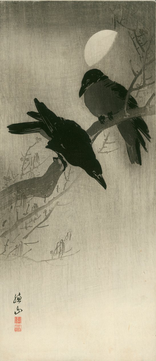 Dois corvos, c.1920 (xilogravura) de Ito Sozan