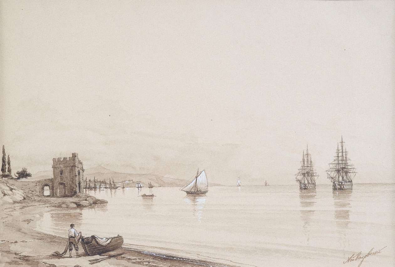 Vista em uma baía com numerosos navios à vela (Feodosia) de Ivan Konstantinovich Aivazovsky