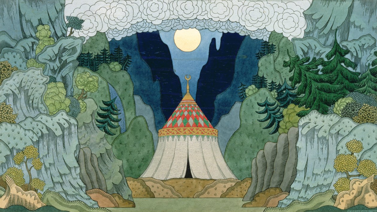Esboço para a ópera "O Galo de Ouro", de Nikolai Rimsky-Korsakov (1844-1908), 1909 de Ivan Yakovlevich Bilibin