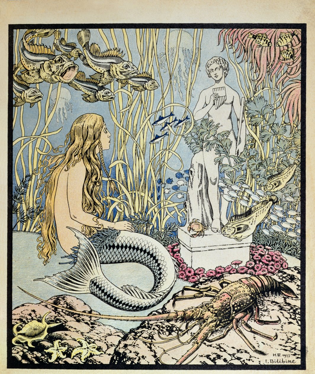 A Pequena Sereia diante de uma estátua no mar, ilustração de um conto de fadas de Hans Christian Andersen (1805-75), de &39;Album du Pere Castor&39; publicado por Flammarion, 1937 (gravura a cores) de Ivan Yakovlevich Bilibin