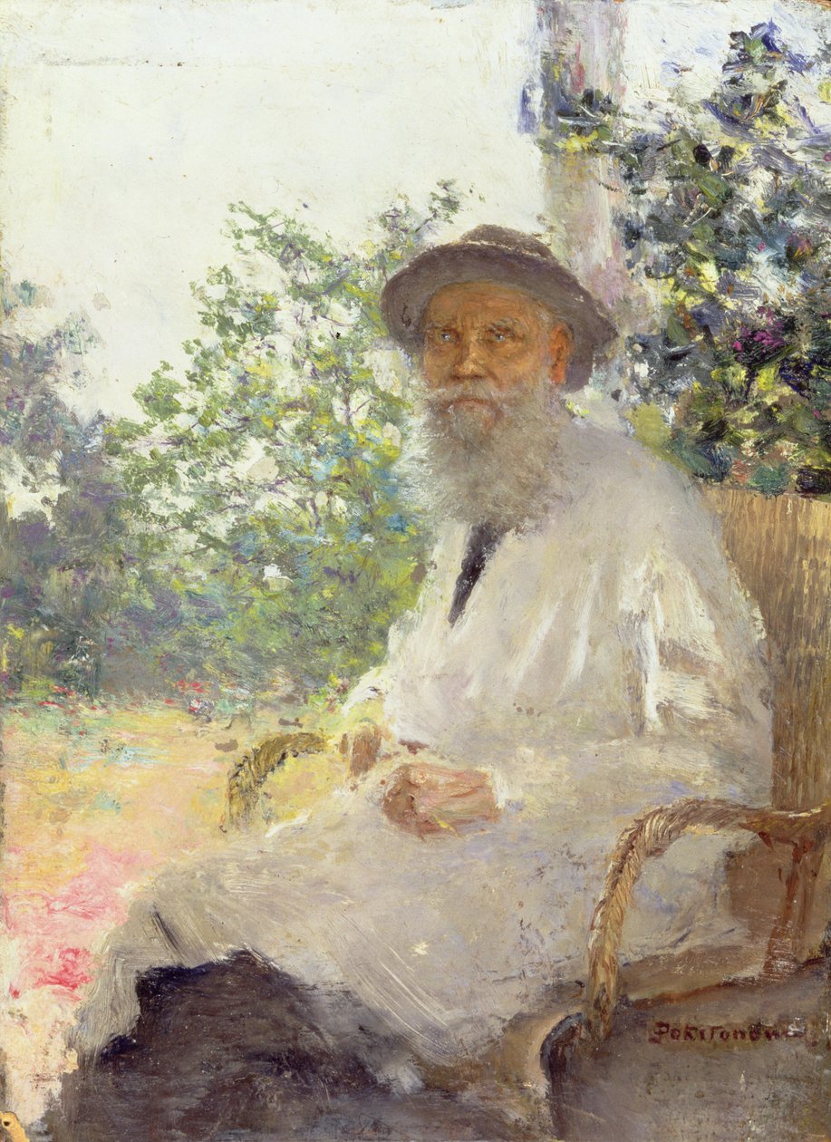 Retrato de Lev Nikolaevich Tolstoy (1828-1910) no terraço, 1905 de Ivan Pokitonov