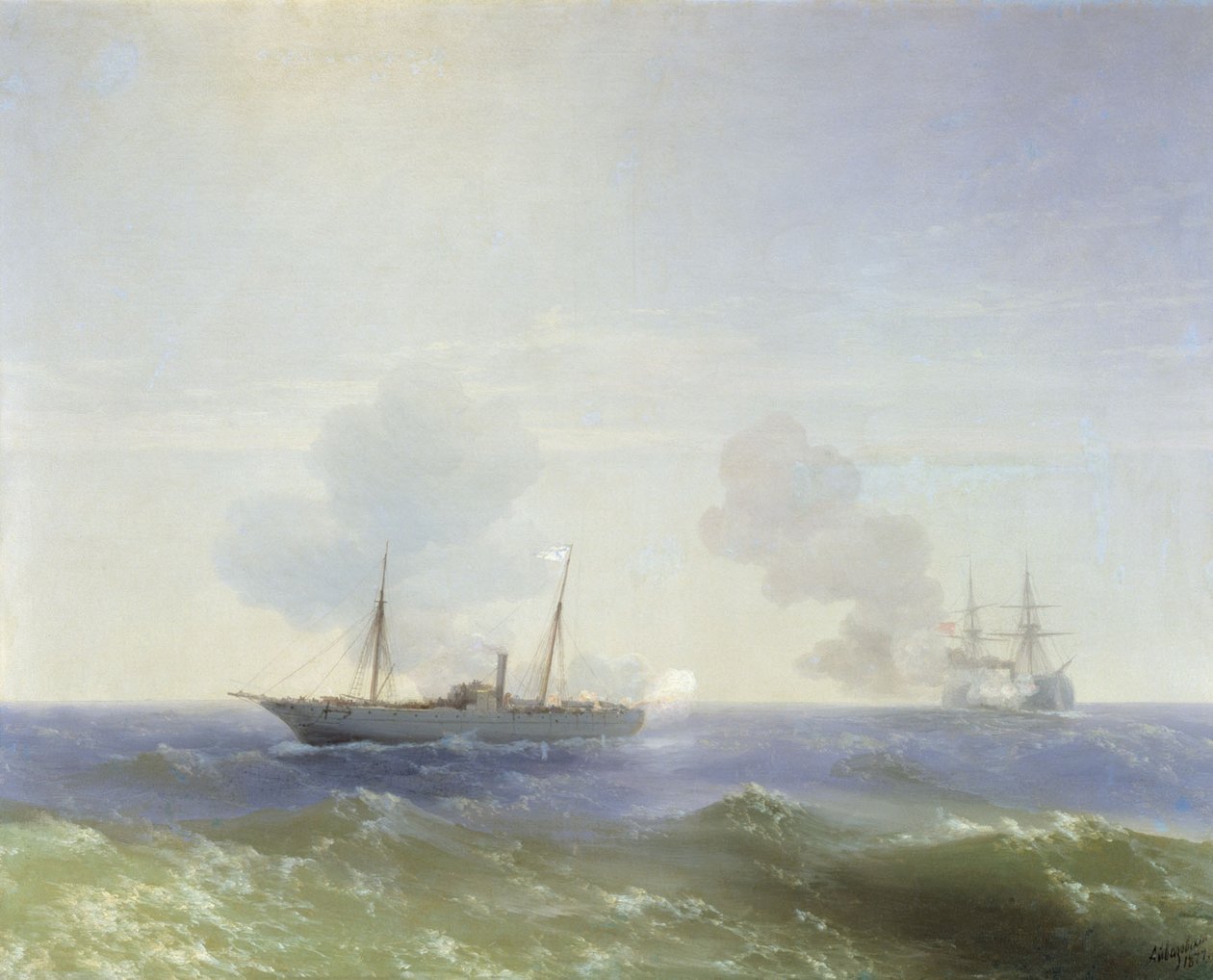 Russo: "Combate do vapor Vesta com o couraçado turco Fehti-Bulend no Mar Negro em 11 de julho de 1877" Combate do vapor Vesta com o couraçado turco Fehti-Bulend no Mar Negro em 11 de julho de 1877 de Ivan Aivazovsky