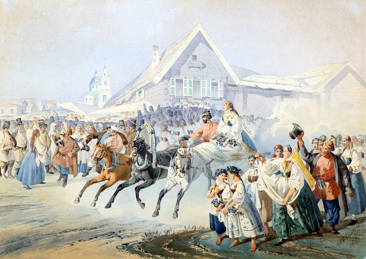 Scene de mariage - Wedding Scene par Golyshev, Ivan Alexandrovich (1838-1896), - Litografia, aquarela, 33,5x47 - Coleção particular de Ivan Alexandrovich Golyshev