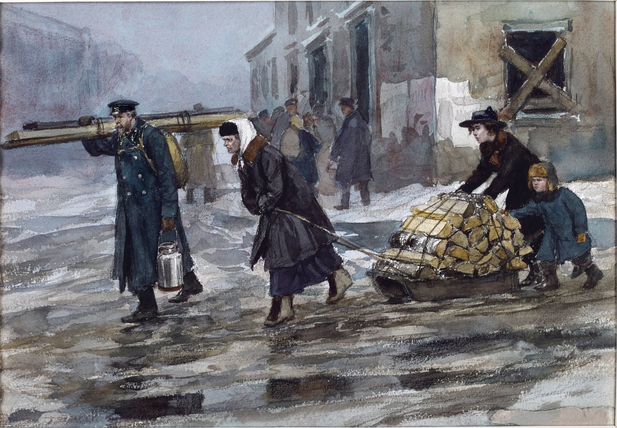 Uma família de um engenheiro levando para casa um pouco de combustível de Vladimirov, Ivan Alexeyevich (1869-1947). Aguarela, Guache sobre Papel de Ivan Alexeyevich Vladimirov