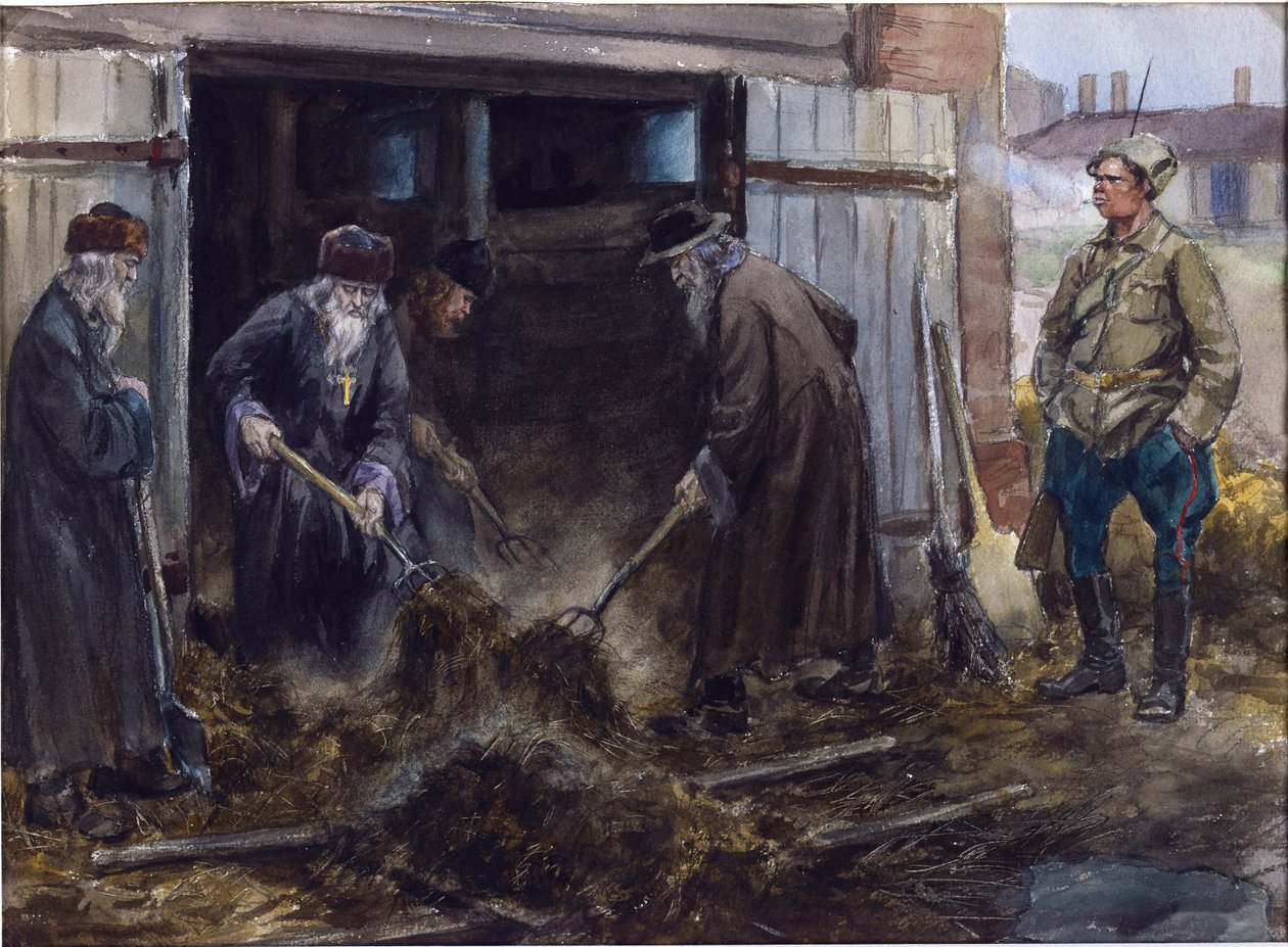 Um grupo de padres russos forçados a limpar os estábulos do quartel por Vladimirov, Ivan Alexeyevich (1869-1947). Aguarela, Guache sobre Papel de Ivan Alexeyevich Vladimirov