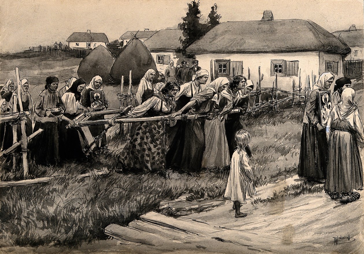 Uma procissão religiosa de cólera na Rússia rural da série de aquarelas da revolução russa, de Ivan Alexeyevich Vladimirov