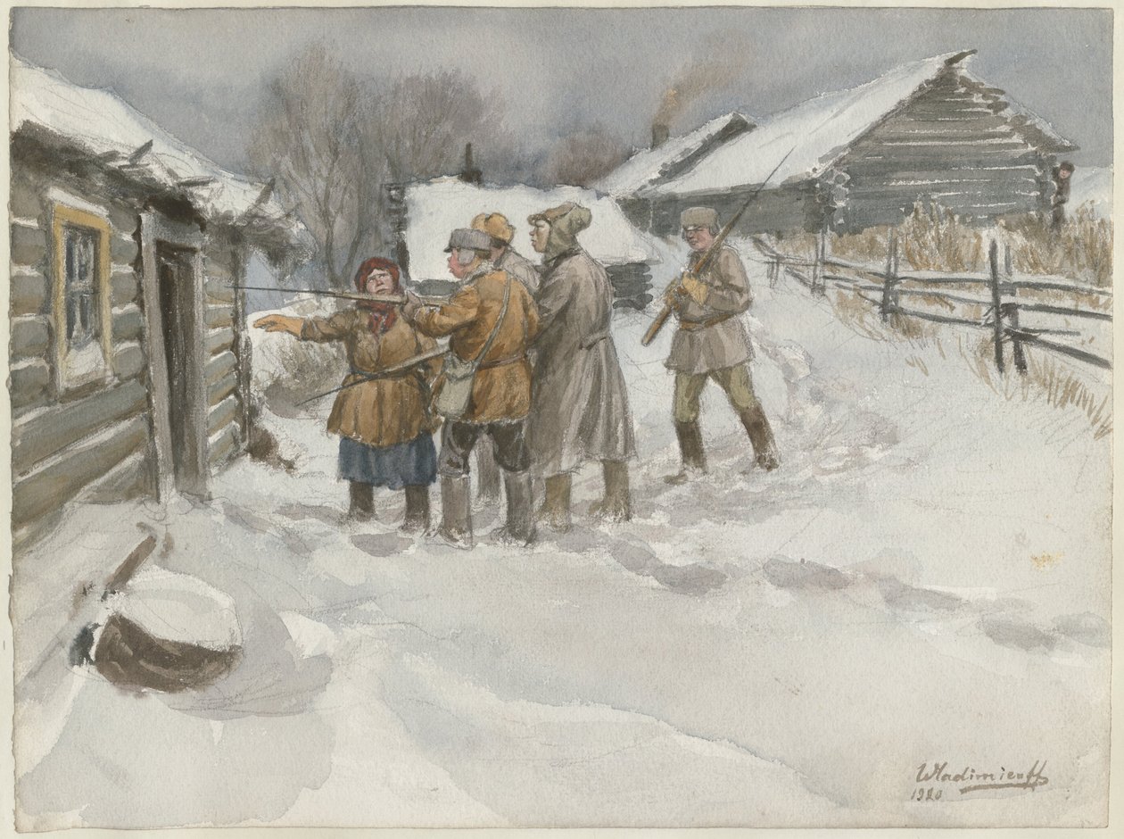 Antes da busca e apreensão da série de aquarelas Revolução Russa, 1920 de Ivan Alexeyevich Vladimirov