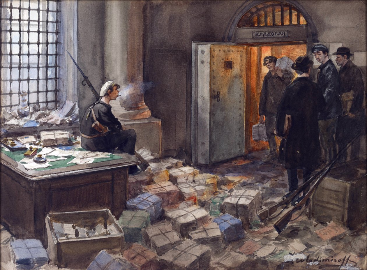Confisco de Títulos no Banco Wawelberg em Petrogrado por Vladimirov, Ivan Alexeyevich (1869-1947). Aguarela, Guache sobre Papel de Ivan Alexeyevich Vladimirov
