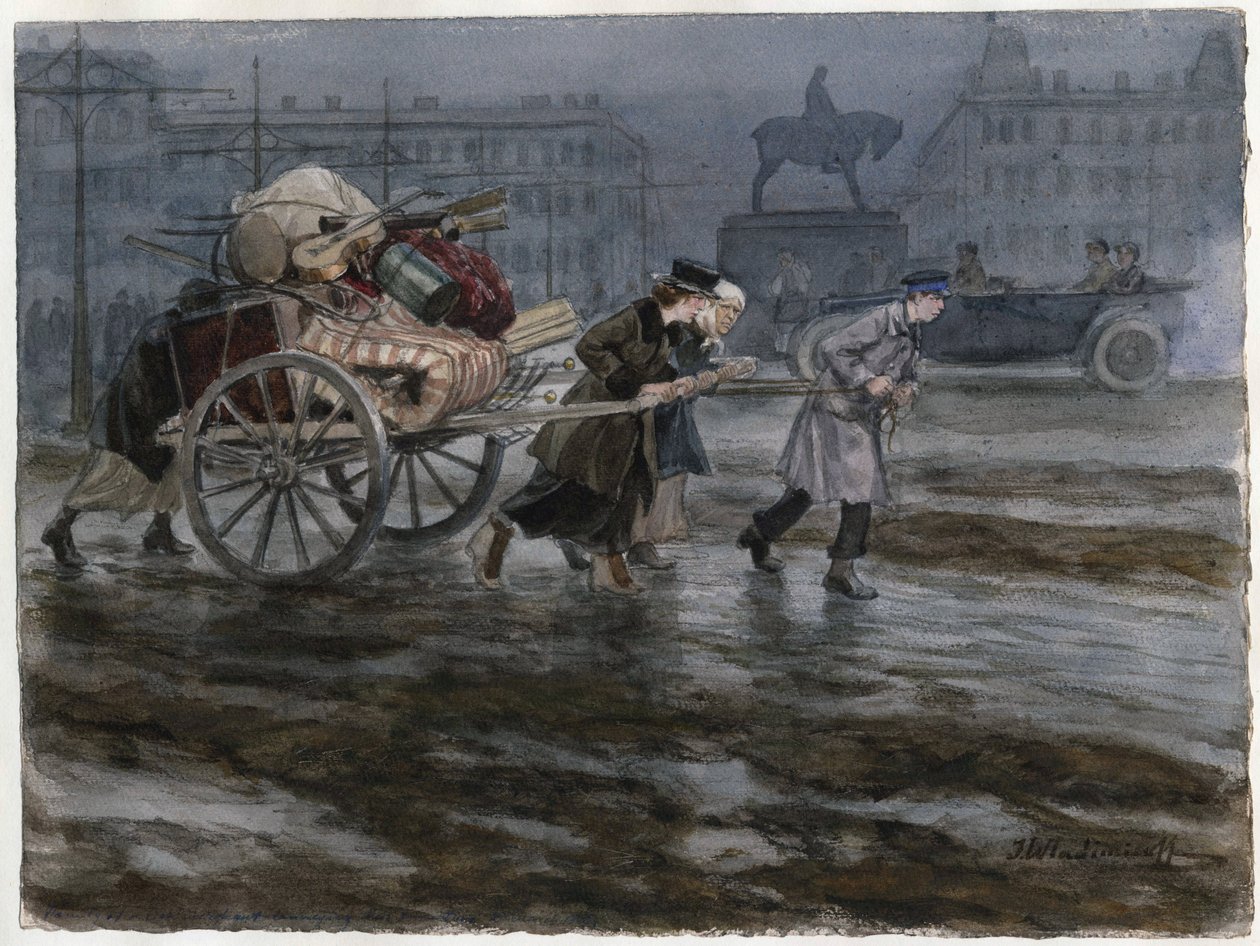 Famille demenageant ses affaires dans une charrette a bras - Família movendo seus pertences em carrinho (da série de aquarelas revolução russa) - Vladimirov, Ivan Alexeyevich (1869-1947) - 1917-1918 - Aquarela sobre papel - 25,9x34,3 - Coleção Privada de Ivan Alexeyevich Vladimirov