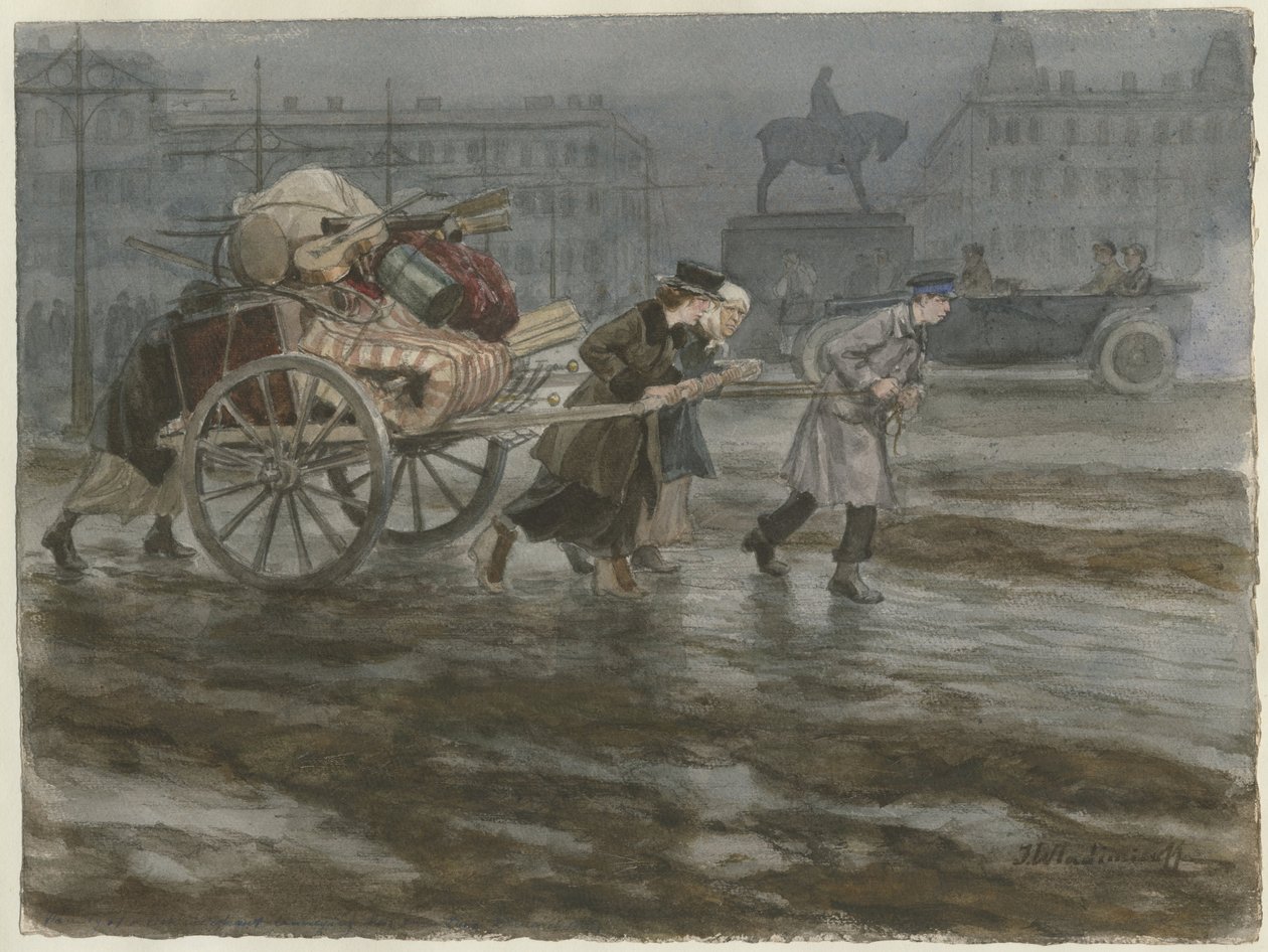 Família movendo seus pertences no carrinho da série de aquarelas Revolução Russa, 1917-1918 de Ivan Alexeyevich Vladimirov