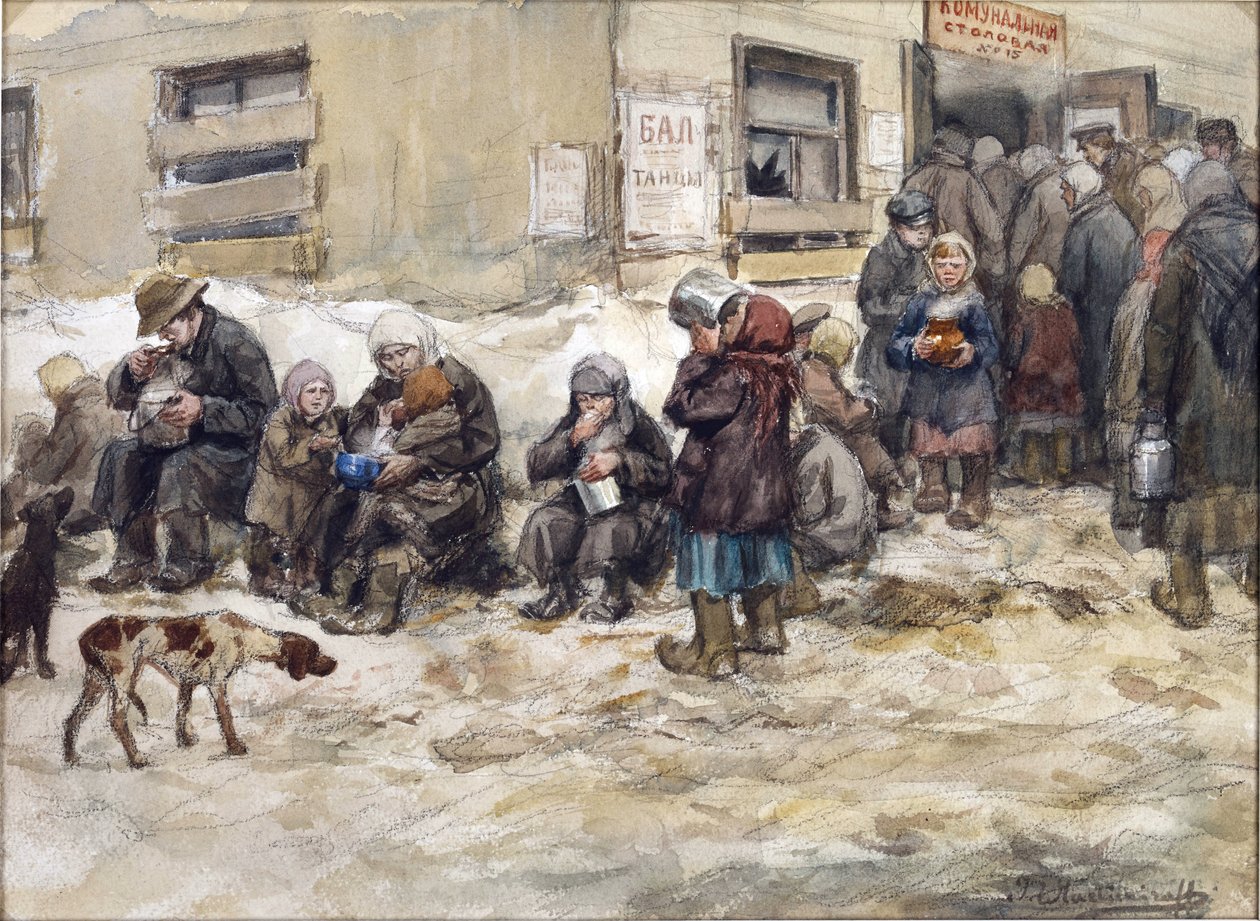 Anos de fome em Petrogrado. A "" sala de jantar comum "" por Vladimirov, Ivan Alexeyevich (1869-1947). Aquarela, Guache sobre Papel. Coleção privada de Ivan Alexeyevich Vladimirov