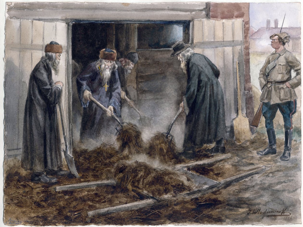 Le clerge russe pelletant le fumier - Feno de pá do clero russo: Setembro de 1918 (da série de aguarelas revolução russa) - Vladimirov, Ivan Alexeyevich (1869-1947) - 1918 - Aguarela sobre papel - 25,8x34,3 - Colecção privada de Ivan Alexeyevich Vladimirov