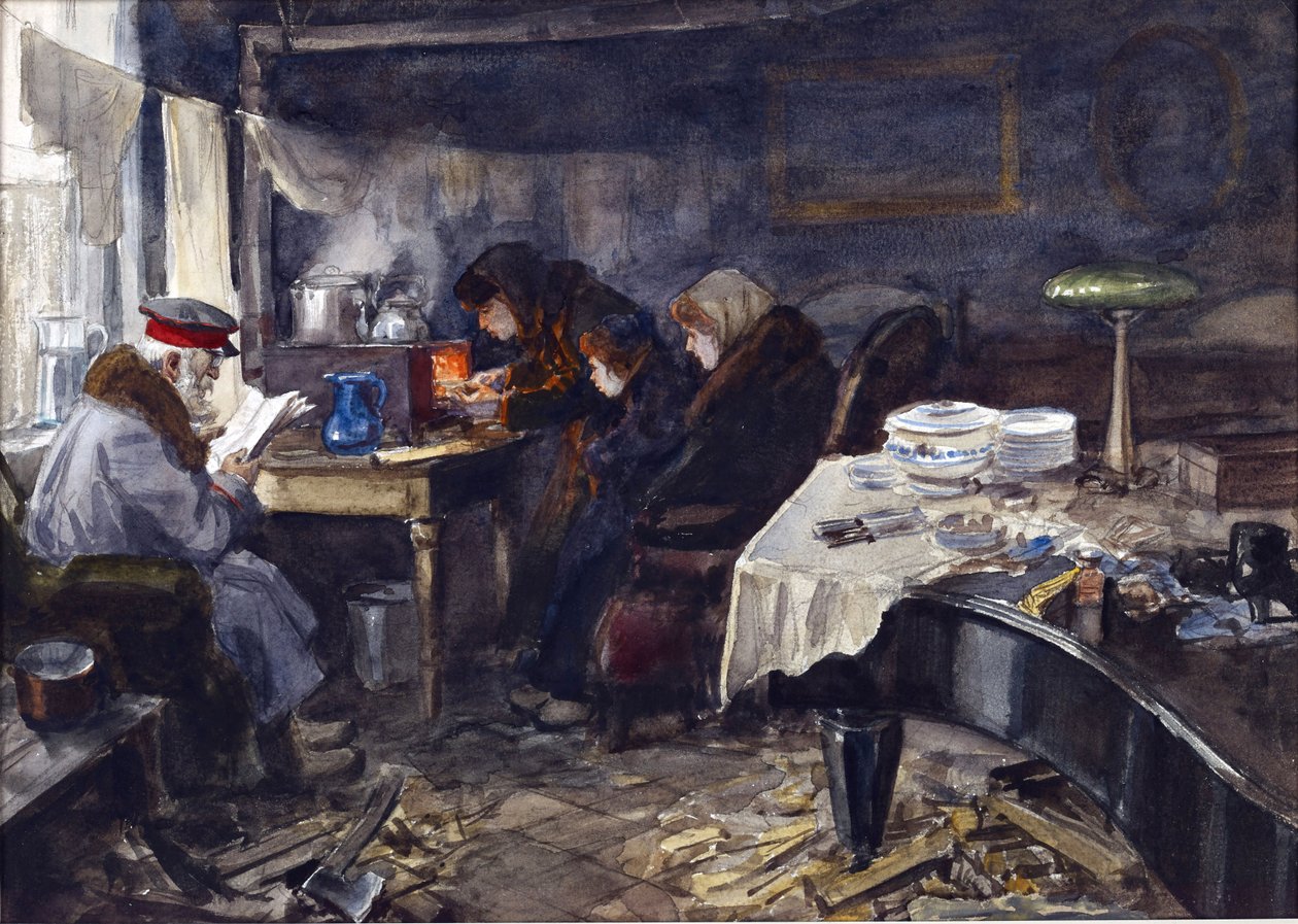 Vida miserável de nobres russos e pessoas de alto escalão durante a revolução de Vladimirov, Ivan Alexeyevich (1869-1947). Aguarela, Guache sobre Papel de Ivan Alexeyevich Vladimirov