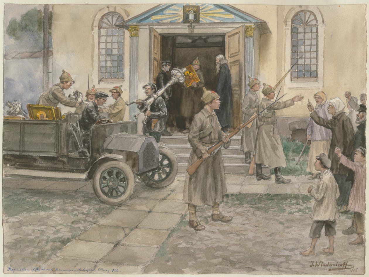 Requisição dos tesouros da igreja em Petrogrado, 5 de maio de 1922, da série de aquarelas Russia de Ivan Alexeyevich Vladimirov