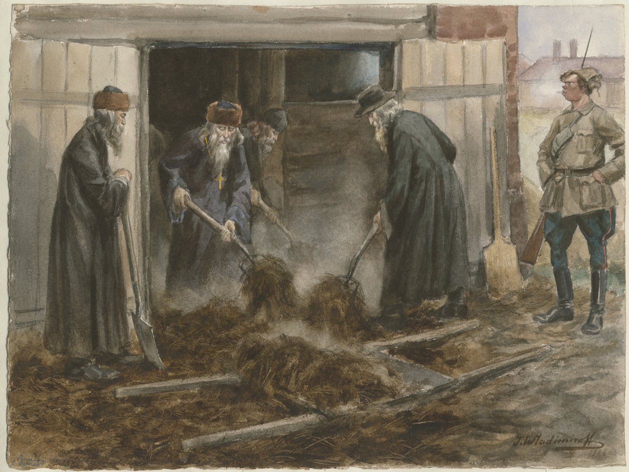 Clero russo escavando feno: setembro de 1918, da série de aquarelas Revolução russa, 19 de Ivan Alexeyevich Vladimirov
