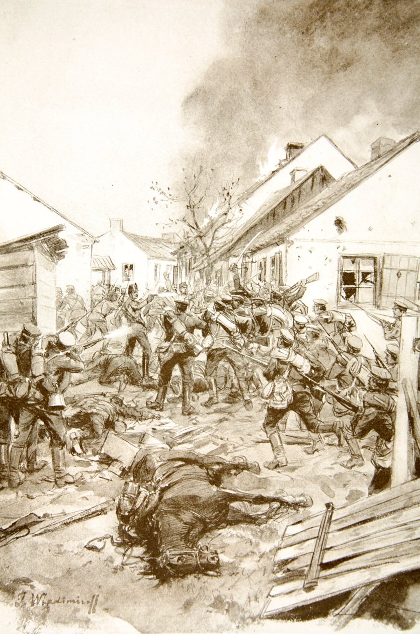 Varrendo todos perante eles com a Baioneta: soldados russos invadindo a periferia de Jaroslav (litho) de Ivan Alexeyevich Vladimirov