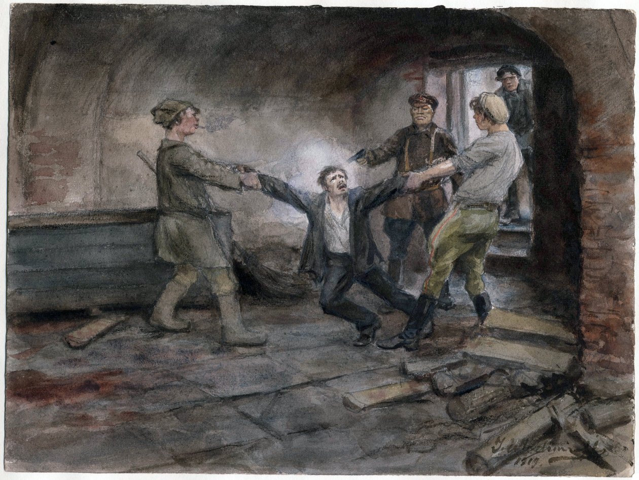 Un detenu emmene pour etre execute - Homem em detenção e execução (da série de aguarelas da revolução russa) - Vladimirov, Ivan Alexeyevich (1869-1947) - 1919 - Aguarela sobre papel - 25,7x34,5 - Colecção privada de Ivan Alexeyevich Vladimirov