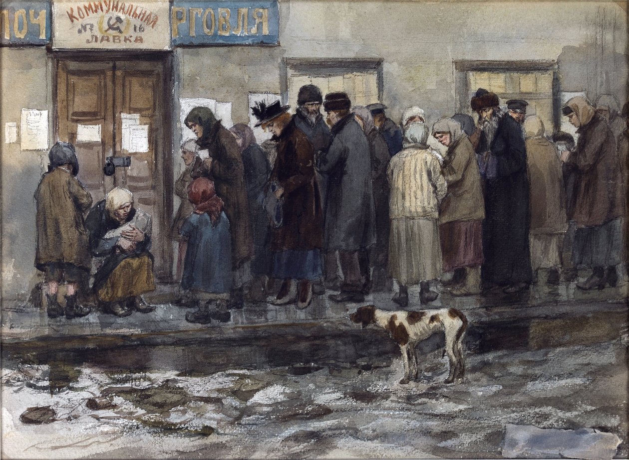 Esperando receber um oitavo de libra de pão de Vladimirov, Ivan Alexeyevich (1869-1947). Aguarela, Guache sobre Papel de Ivan Alexeyevich Vladimirov