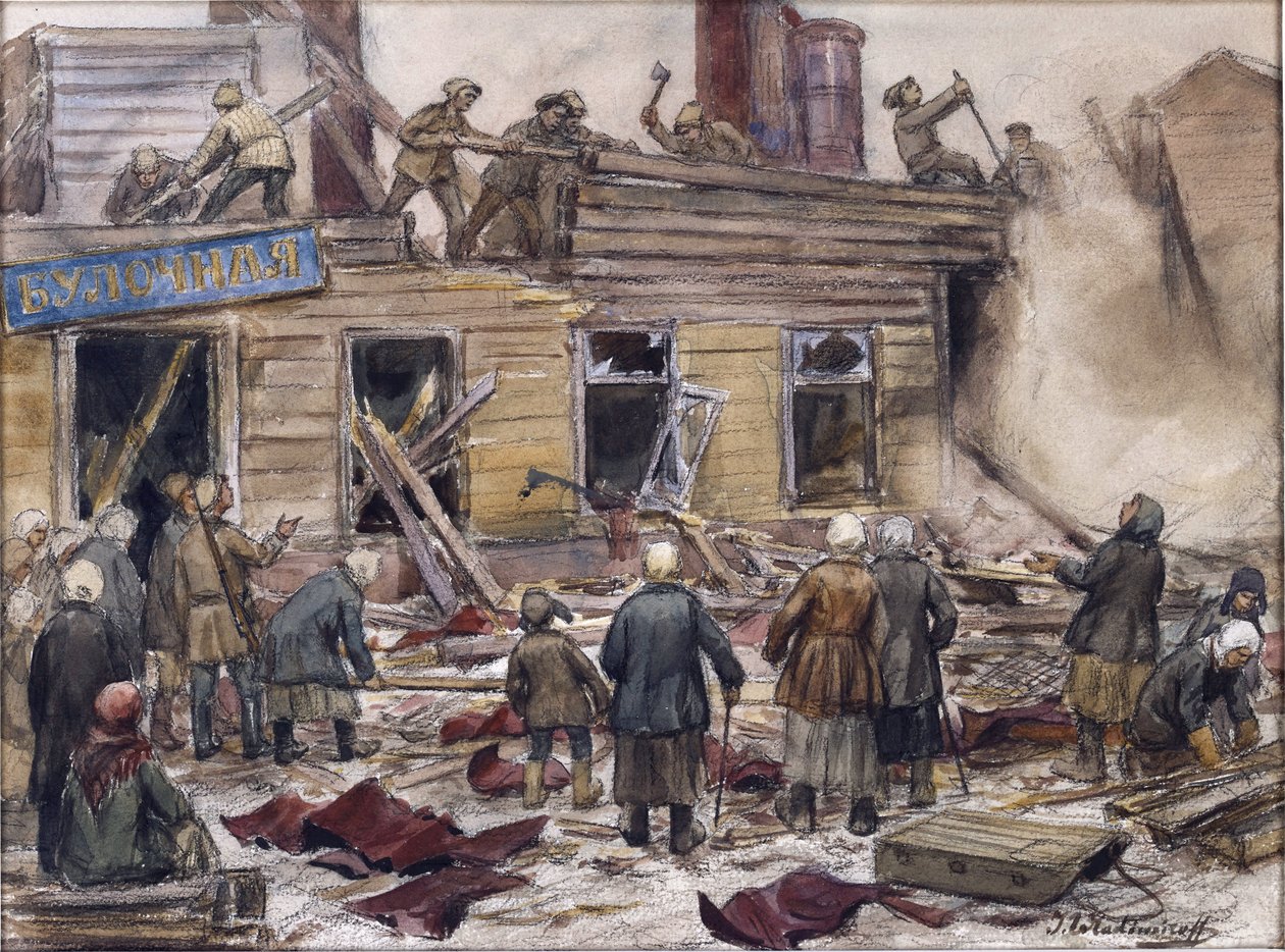 Trabalhadores que demoliram casas de madeira para combustível por Vladimirov, Ivan Alexeyevich (1869-1947). Aguarela, Gouache sobre papel de Ivan Alexeyevich Vladimirov