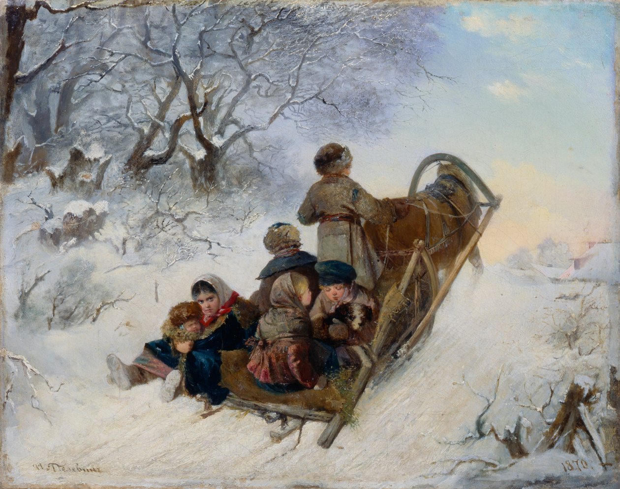 Crianças em um trenó puxado a cavalo, 1870 de Ivan Andreyevich Pelevin