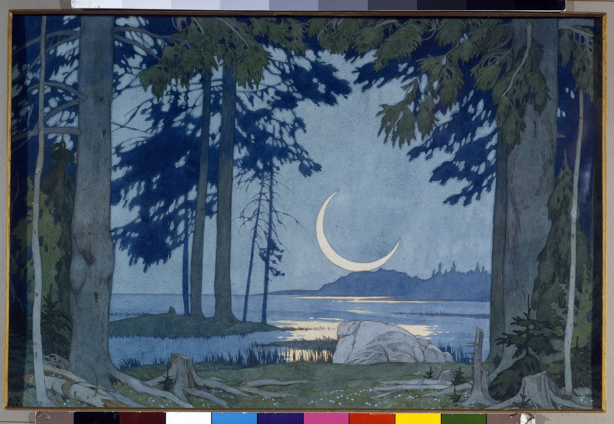 Luar sobre o Lago Ilmen. Cenário para a ópera Sadko de Nicholas (Nikolai) Rimsky Korsakov (Rimsky-Korsakov) (1844-1908) (Noite no Lago Ilmen. Cenário para a ópera Sadko de N. Rimsky-Korsakov (Rimsky Korsakov). Obra de Ivan Yakolevich Bilib de Ivan Yakovlevich Bilibin