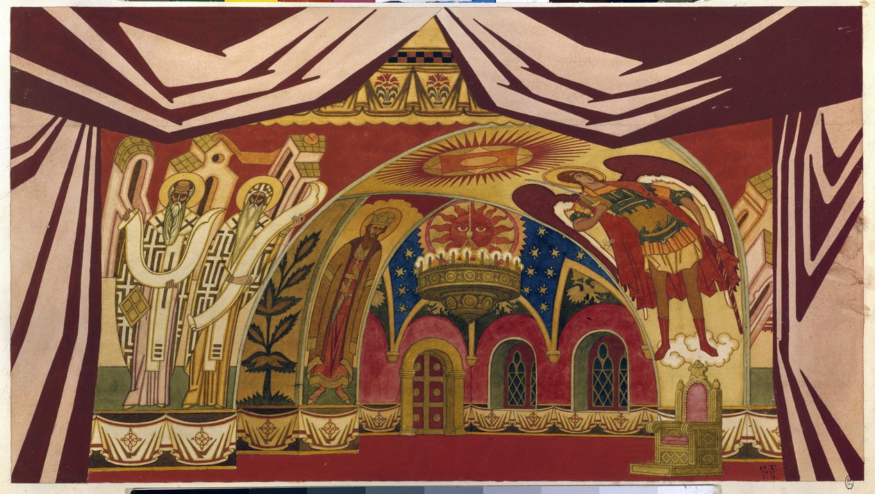 Conjunto para a ópera "A Noiva do Czar" de Nikolai Rimsky Korsakov (Rimsky-Korsakov) (1844-1908). Trabalho de Ivan Yakovlevich Bilibin (Bilibin) (1876-1942), aguarela e guache sobre papel de Ivan Yakovlevich Bilibin