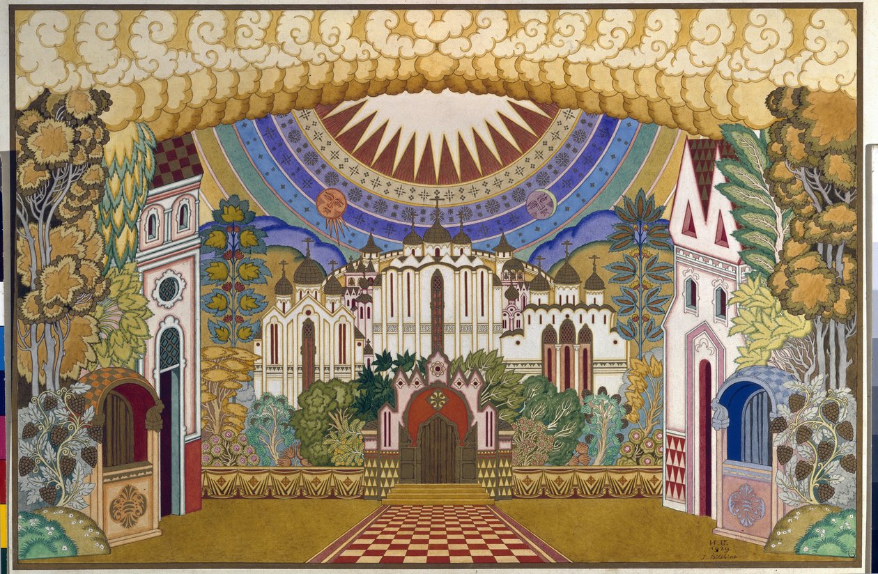 Conjunto para a ópera "A Lenda da Cidade Invisível de Kitege e da Donzela Fevronia", de Nikolai Rimsky Korsakov (Rimsky-Korsakov) (1844-1908). Trabalho de Ivan Yakovle de Ivan Yakovlevich Bilibin