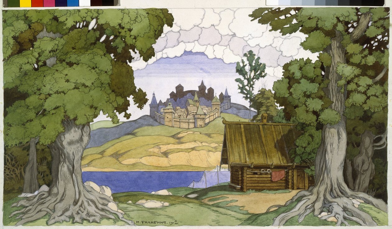 Decoração para a ópera ""Túmulo de Askold"" de Alexei Vertovski (1799-1862). Obra de Ivan Yakovlevich Bilibin (Bilibin) (1876-1942), aquarela sobre papel de Ivan Yakovlevich Bilibin