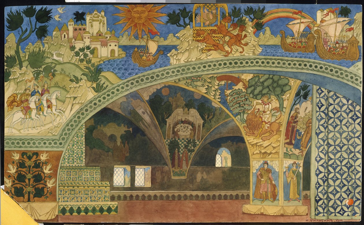 Decoração para a ópera "Sadko" de Nicolas (Nikolai) Rimski Korsakov (Rimski-Korsakov) (1844-1908). Oeuvre de Ivan Yakovlevich Bilibin (Bilibine) (1876-1942), aquarelle sur papier de Ivan Yakovlevich Bilibin