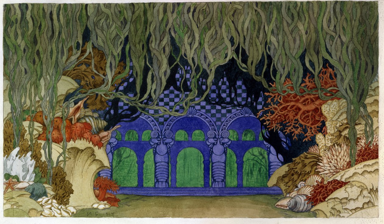 Conjunto preparatório para a ópera Sadko de Nicholas (Nikolai) Rimsky Korsakov (Rimsky-Korsakov) (1844-1908). (Cenografia para a ópera Sadko de N. Rimsky Korsakov (Rimsky-Korsakov). Obras de Ivan Yakovlevich Bilibin (Bilibine) (1876-1942), aquarela e go de Ivan Yakovlevich Bilibin