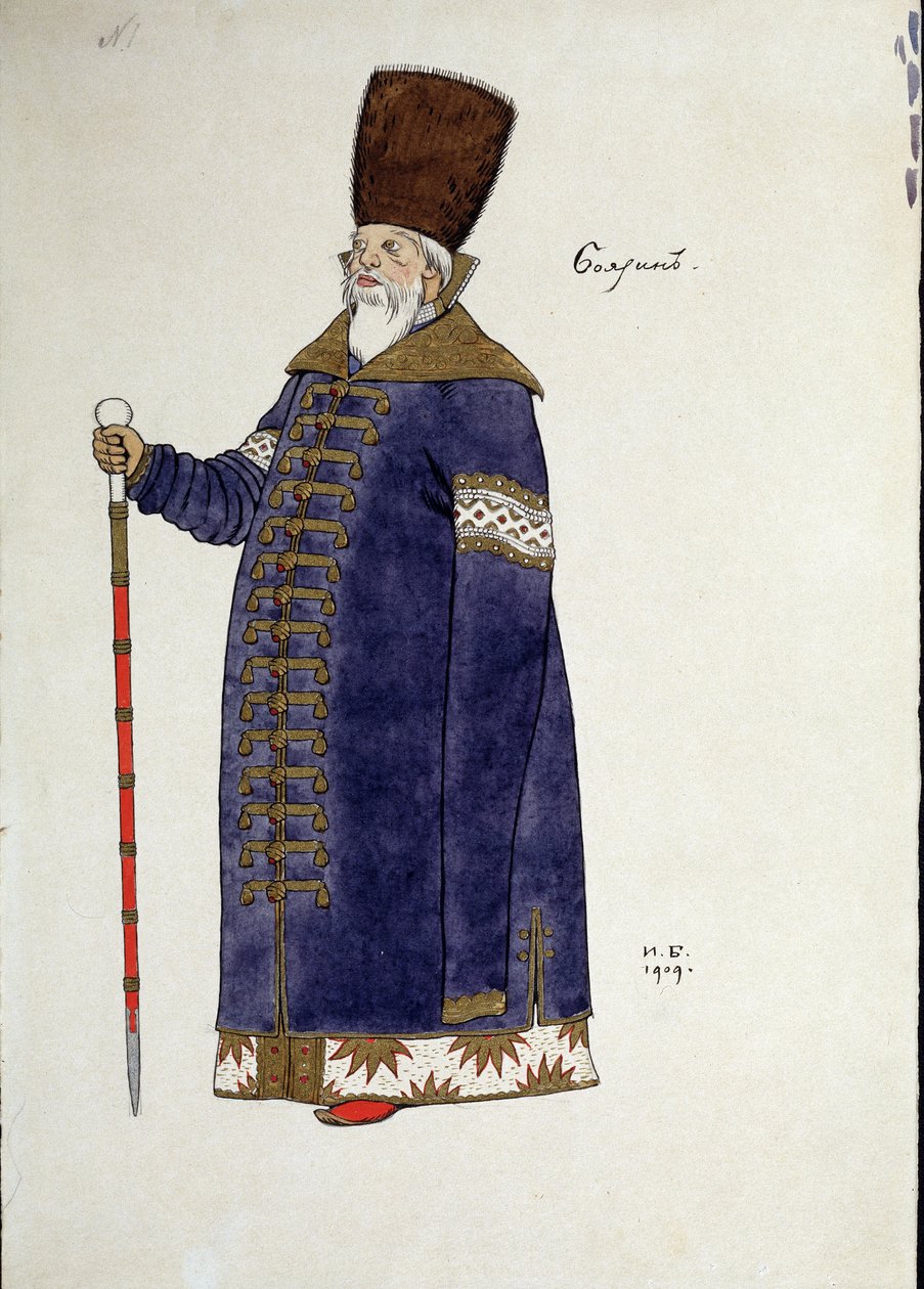 Desenho de figurino para a ópera ""o galo dourado"" de Nicholas (Nikolai) Rimsky Korsakov (Rimsky-Korsakov) (1844-1908) (Figurino para a ópera O galo dourado de N. Rimsky-Korsakov (Rimsky). Korsakov) .Desenho de Ivan Yakolevich Bilibin (Bilibine) (1876- de Ivan Yakovlevich Bilibin