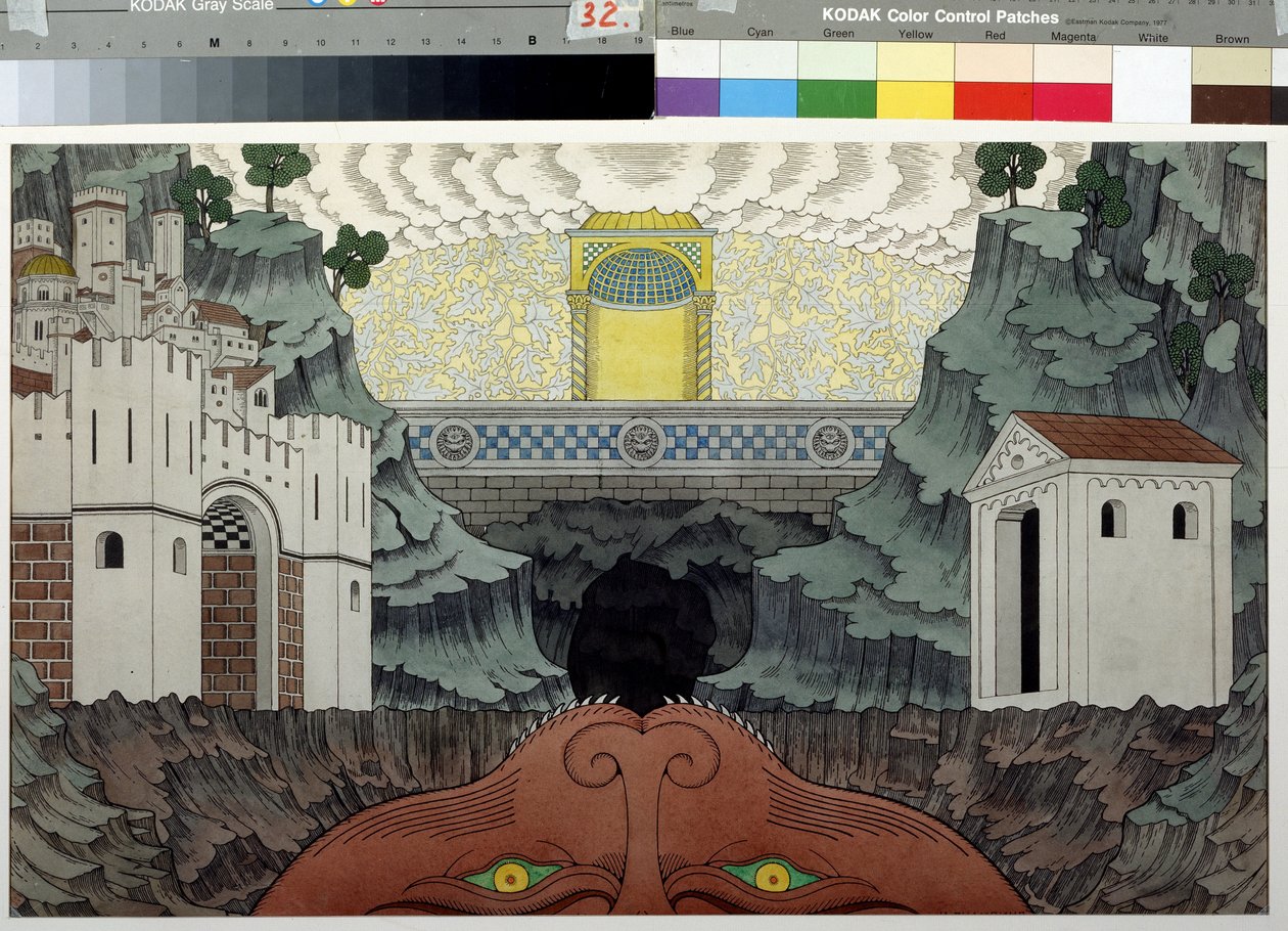 Desenho preparatório para a peça ""Le Miracle de Theophile"" de Rutebeuf (1230-1285) (cenário para a peça Le Miracle de Theophile de Rutebeuf). Pintura de Ivan Yakolevich Bilibin (Bilibin) (1876-1942). Aquarela e tinta sobre papel, 39,5 x 64 cm de Ivan Yakovlevich Bilibin