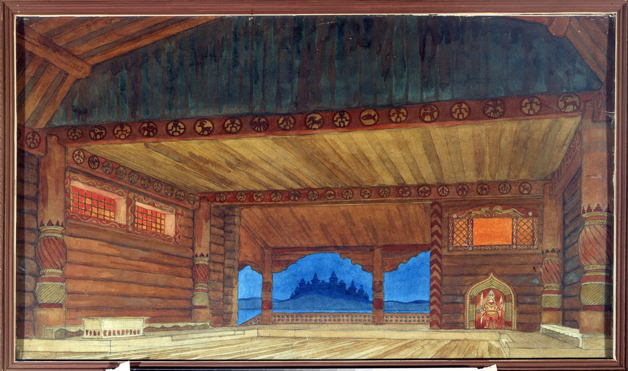 Desenho preparatório para a decoração da ópera Ruslan e Ludmila de Mikhail Igor Glinka (1804-1857) (Cenografia da ópera Ruslan e Ludmila de M.Glinka). Pintura de Ivan Yakolevich Bilibin (Bilibin) (1876-1942). Aquarela sobre papel, 36 x 61 cm de Ivan Yakovlevich Bilibin