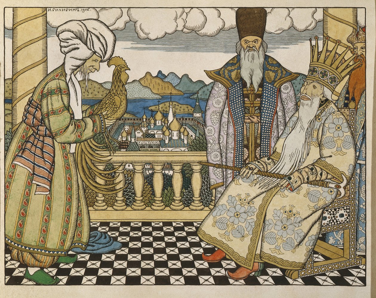 Ilustração para o conto de fadas The Golden Cockerel de Alexander Pushkin (1799-1837). Trabalho de Ivan Yakovlevich Bilibin (Bilibin) (1876-1942), aguarela e tinta sobre papelão de Ivan Yakovlevich Bilibin